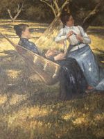 Sommerliches Ölgemälde "Zwei Frauen im Garten", Vintage