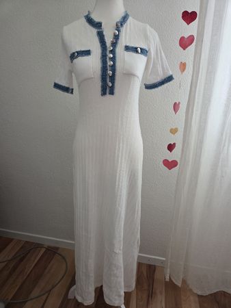 Maxikleid weiss mit Denimbesatz Grösse S/M neu