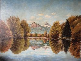 Bild/Landschaftsbild See/Berge/Wald/Kirche gemalt/signiert