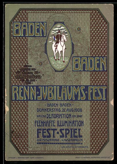 Cartoline postali: Baden-Baden, Renn-Jubiläums-Fest 1908,  – Usato da Berlin venduto da bartko-reher