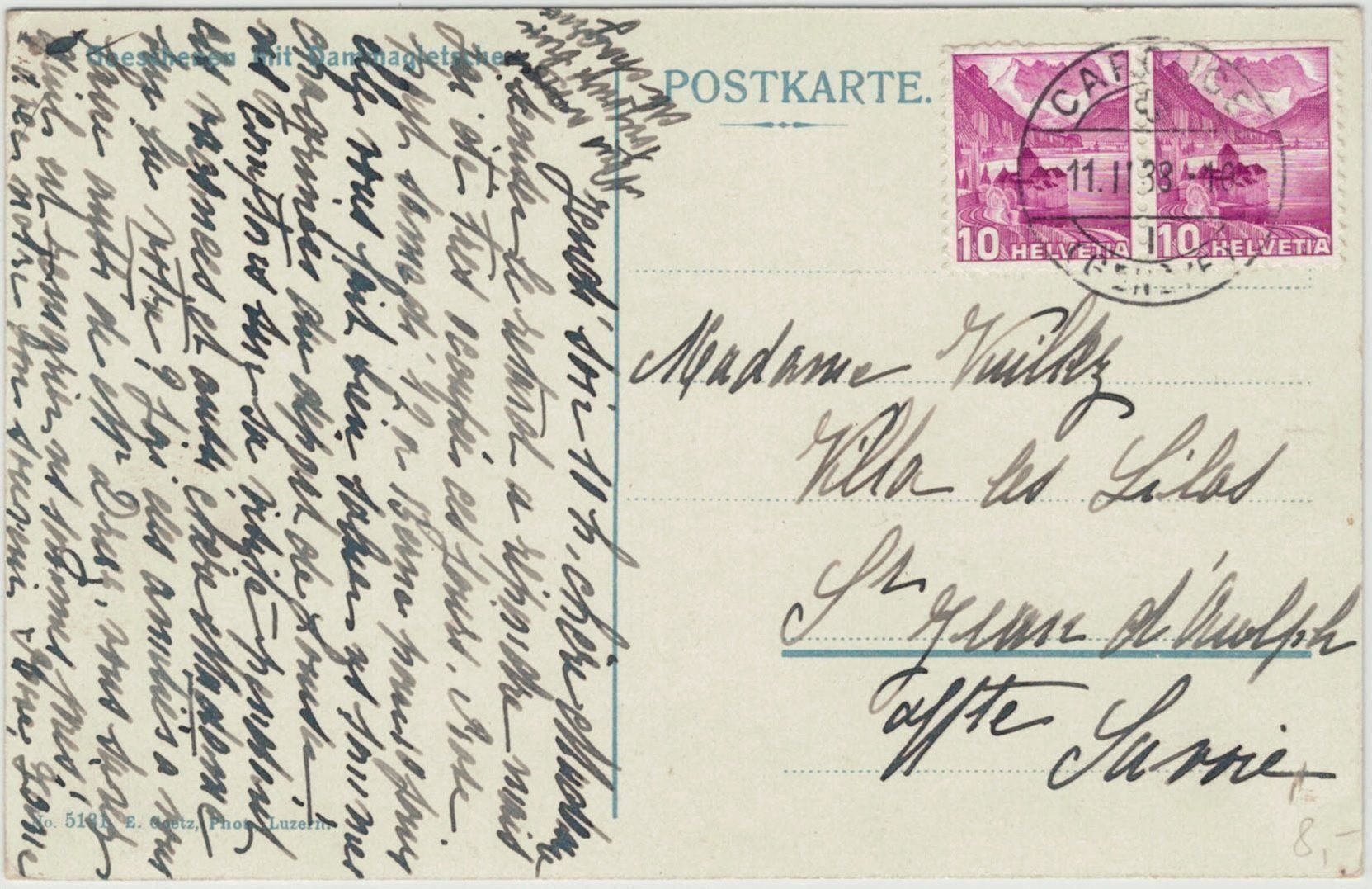 Cartoline postali: UR 27 Göschenen Dammagletscher 1938 – Usato da Fribourg venduto da philafri 1