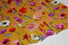 Stoff Baumwolljersey Digitaldruck senf/Blumen