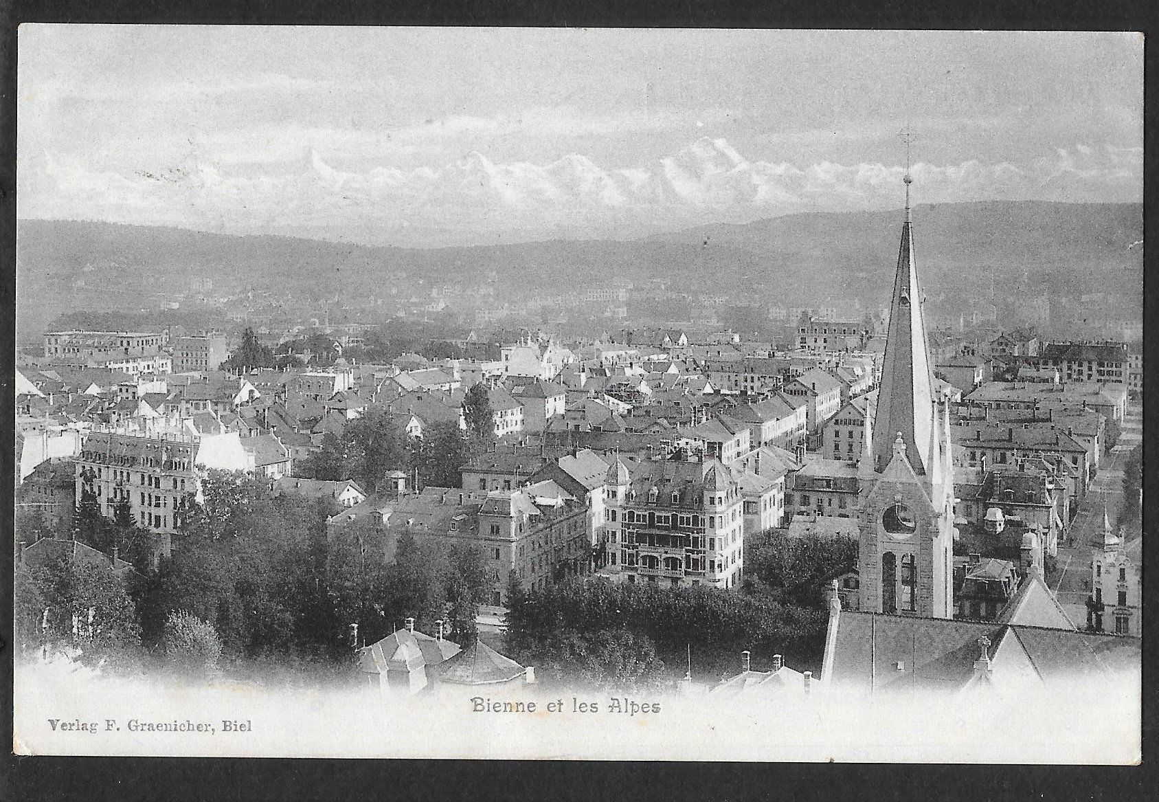 Cartoline postali: Biel - Bienne Teilansicht mit den Alpen – Usato da Olten venduto da clotaldi