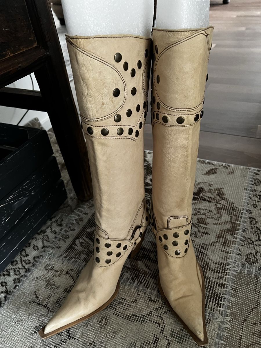 Scarpe da donna: Vera Gomma Stiefel beigefarbene Leder – Nuovo (secondo la descrizione) da Rorschach venduto da lvi_p29s 1