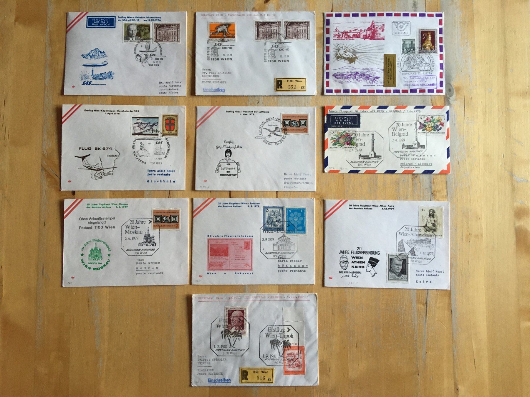 Alle Briefmarken: 10 Flugbriefe Österreich 1976-81 – Gebraucht aus Nesslau von zueri6