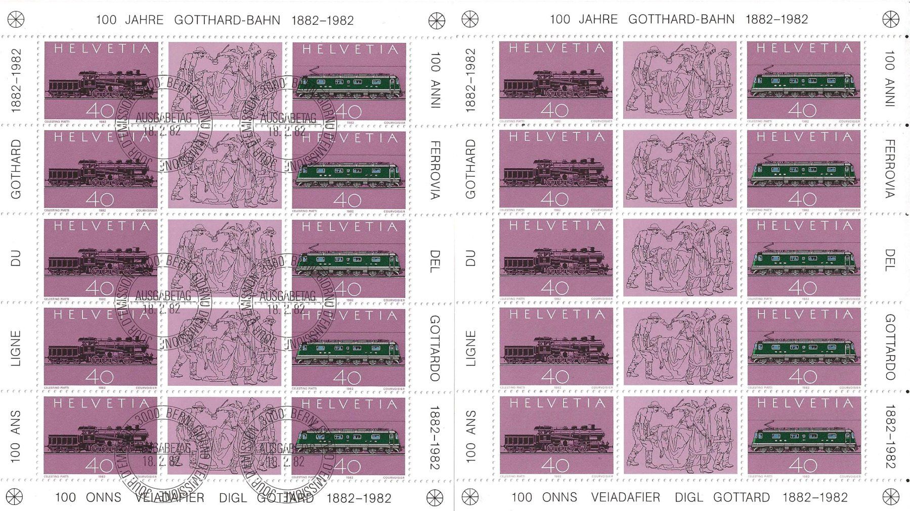 Alle Briefmarken: 2 Kleinbogen 100 Jahre Gotthardbahn 1982 – Gebraucht aus Zürich von Philacat11