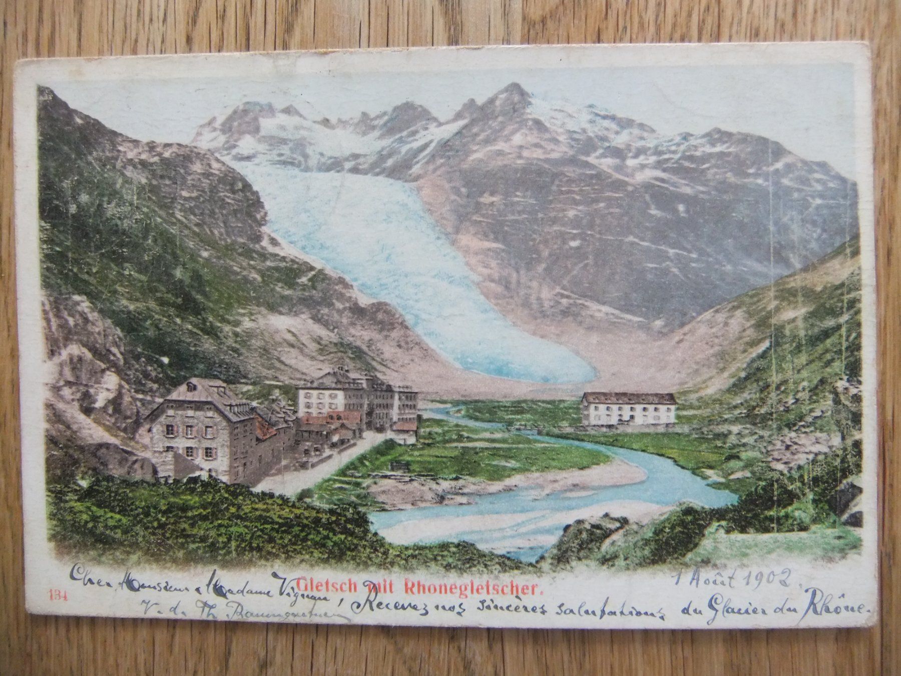 Ansichtskarten: Lithografie Gletsch mit Rhonegletscher 1.08.1902 – Gebraucht aus St. Niklaus VS von wunschlos54