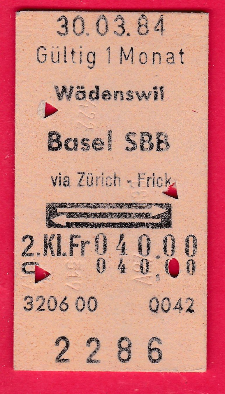 Biglietti: KARTON BILLETT, WÄDENSWIL - BASEL SBB, 2.KLASSE, RETOUR – Usato da Oberrieden venduto da Gebirgsstelze