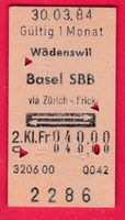 KARTON BILLETT, WÄDENSWIL - BASEL SBB, 2.KLASSE, RETOUR