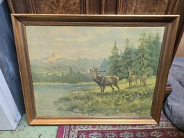 Ölgemälde E. Dichtl Hirsch im Wald Druck gerahmt 67cm x 52cm