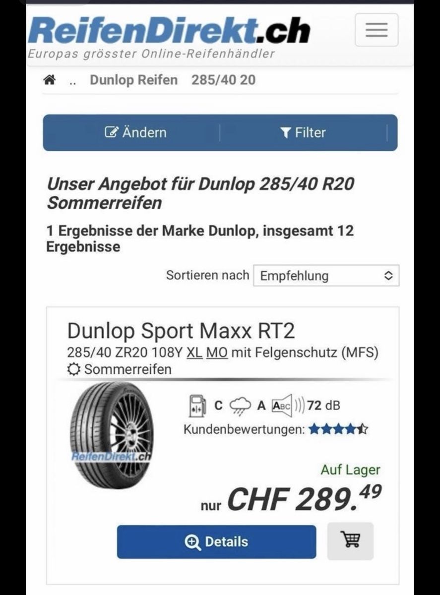 Pneumatici & Ruote complete: Dunlop Sommer  285 20 zoll – Usato da uster venduto da automen 2