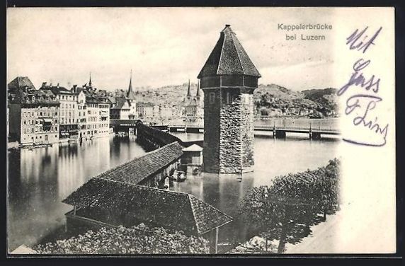Cartoline postali: AK Luzern, An der Kappelerbrücke, 1908 – Usato da Berlin venduto da bartko-reher