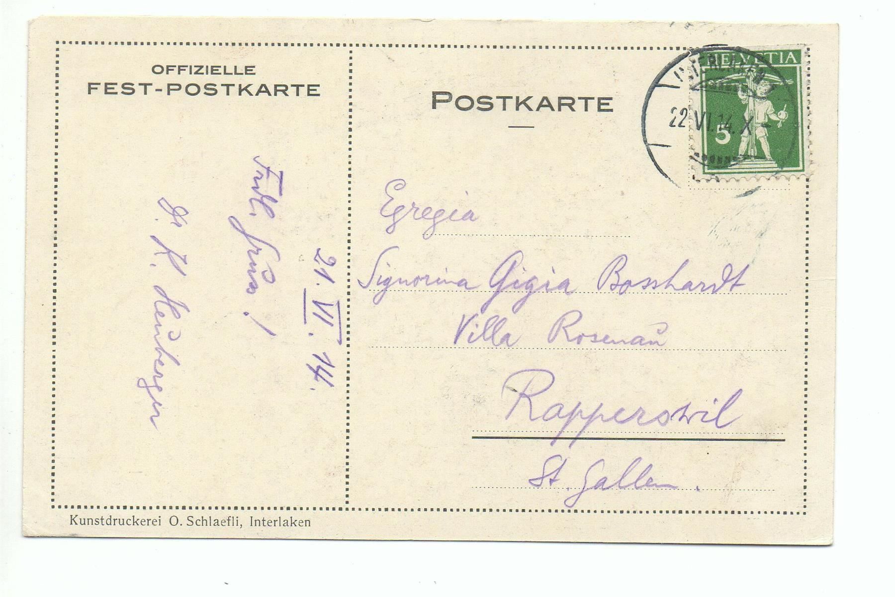Cartoline postali: LITHO Interlaken Kant. Turnfest 1914 – Usato da Jona venduto da philajona 1
