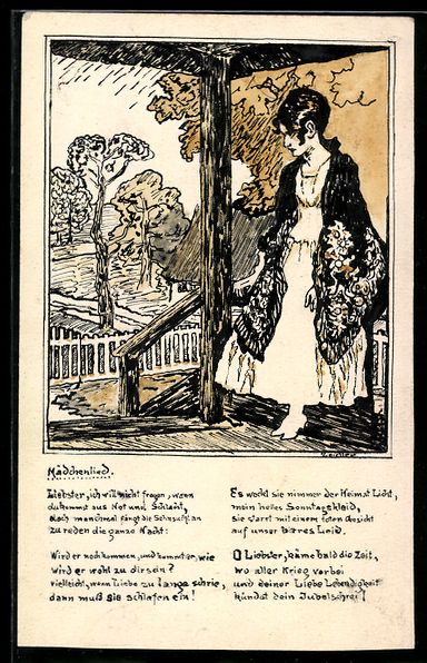 Cartes postales: Handgemalt: Junge Frau auf einer Veranda – D'occasion à Berlin par bartko-reher