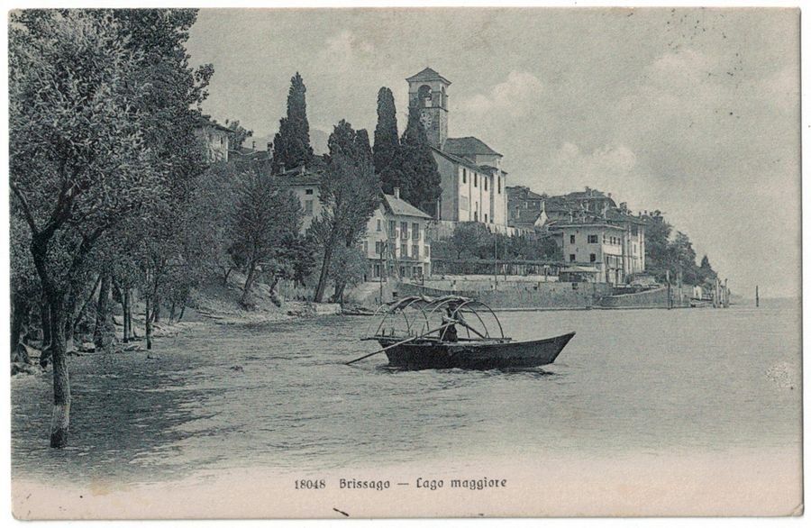 Cartoline postali: Brissago, barca, chiesa, circolata 1906 – Usato da Frauenfeld venduto da POML