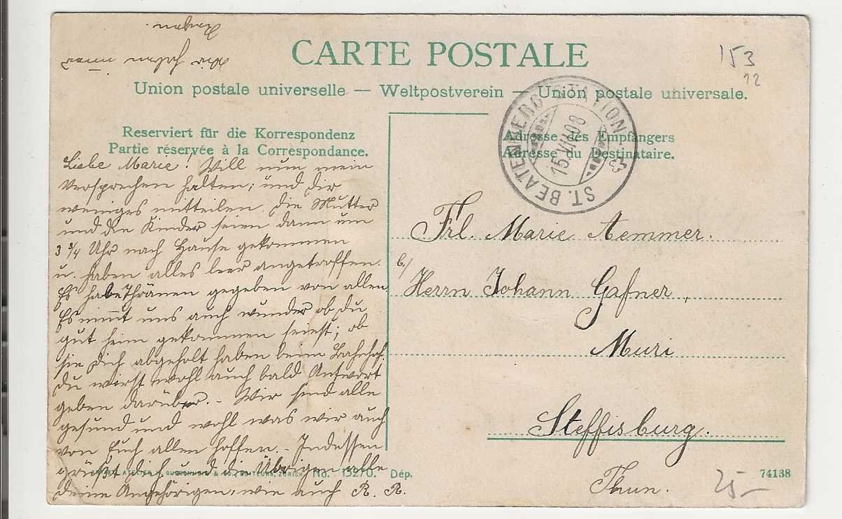 Cartoline postali: St. Beatenberg, 1908 – Usato da Spiez venduto da Niesen20 1
