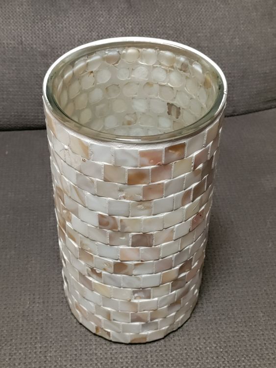 Bulgarische Keramik Silberne Vase Mit Schwarz-Weißen Blumen-Mosaik Crushed Vase Bleikristall