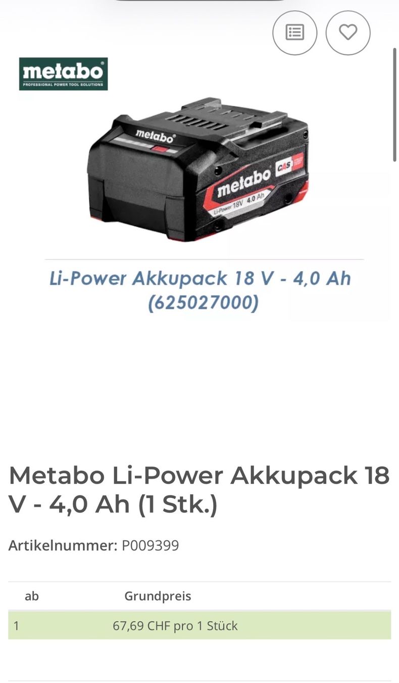 Metabo Akkus & Batterien: Fabrikneu 5.2026 Metabo Akku 4.0 Ah Li Wert 99.- – Neu und originalverpackt aus Hittnau von Oracel 1