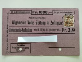 Alte Schweizerische Volks-Zeitung Zofingen von 1913 Quittung