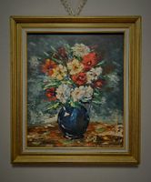 Französisches Vintage-Stillleben in blauer Vase, signiert