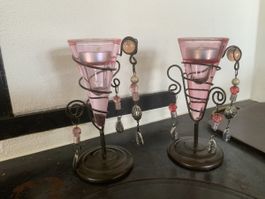 Kerzenhalter 2er Set rosa Glas Metall gefertigt mit Perlen