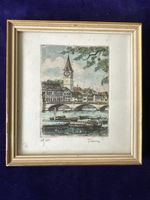 Original Radierung Zürich, handkoloriert, gerahmt!