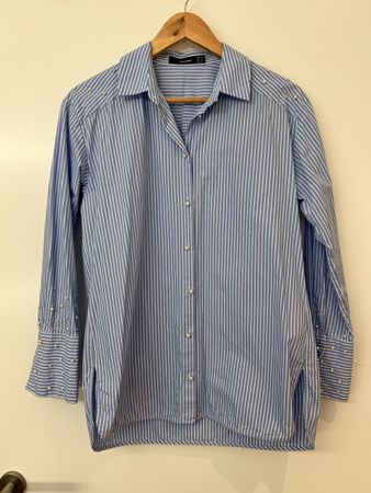 Hallhuber Shirt Blue Stripes Pearls Size 34