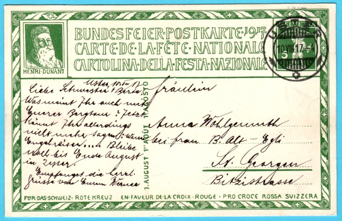 Alle Briefmarken: Bundesfeierkarte 1917 – Gebraucht aus Zürich von Sion2006