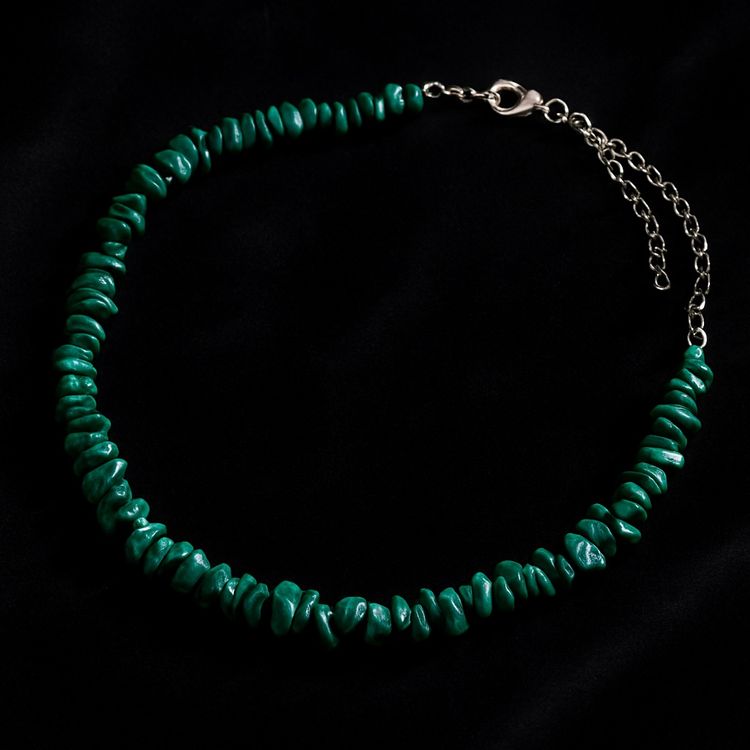 Collier Vintage En Malachite Naturelle Du Congo Belge - Billes En Chute, Années 1960, Longueur 52 Cm