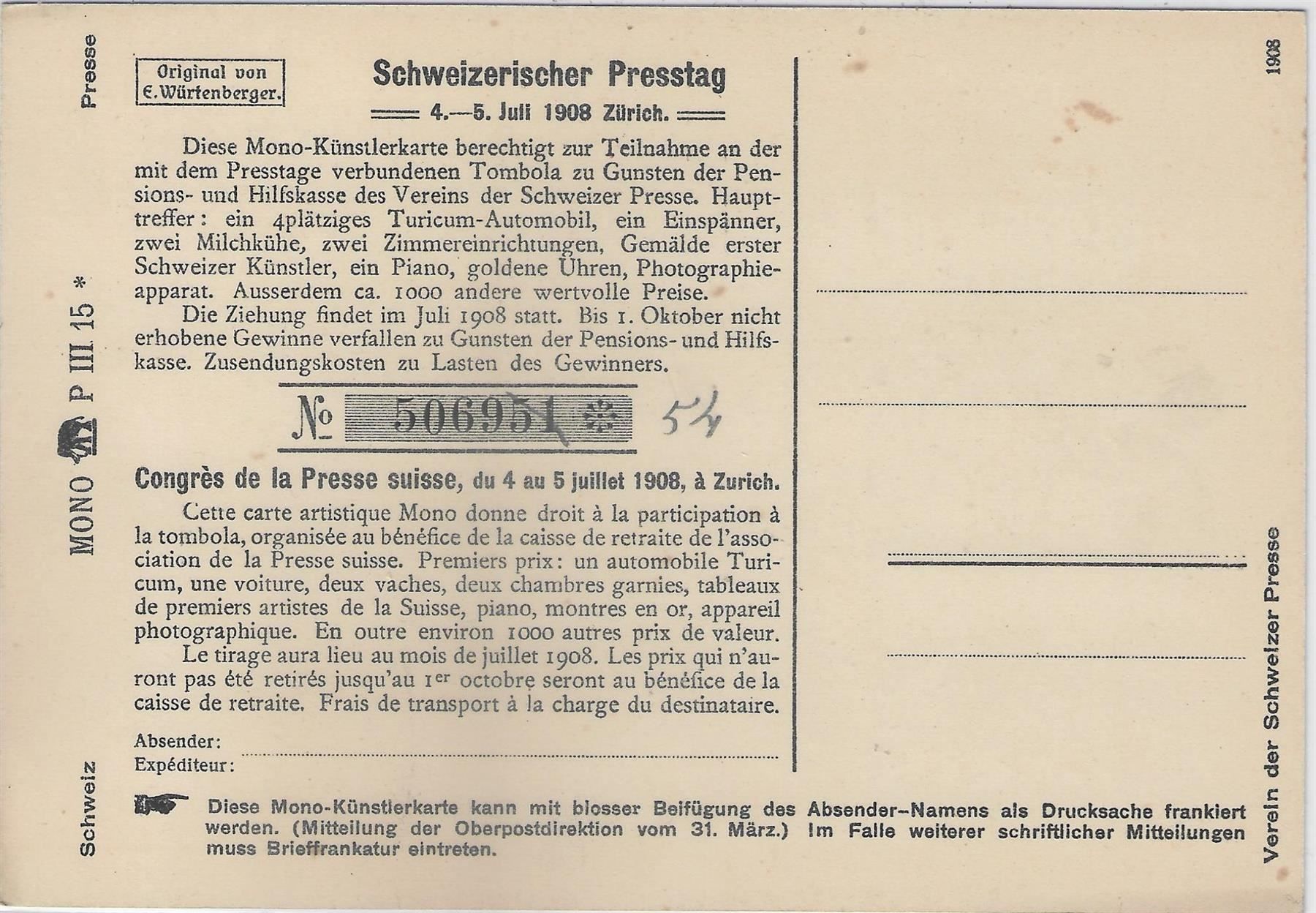 Cartoline postali: Carte Mono - Schweizerischer Presstag – Usato da Ettingen venduto da Kartenplanet 1