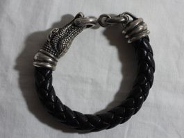 Silber Armband Leder Geflochten mit Krokodil Kopf
