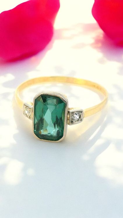 Antik Ring grüner Spinell 14k gold mit Altschliff Diamanten 2