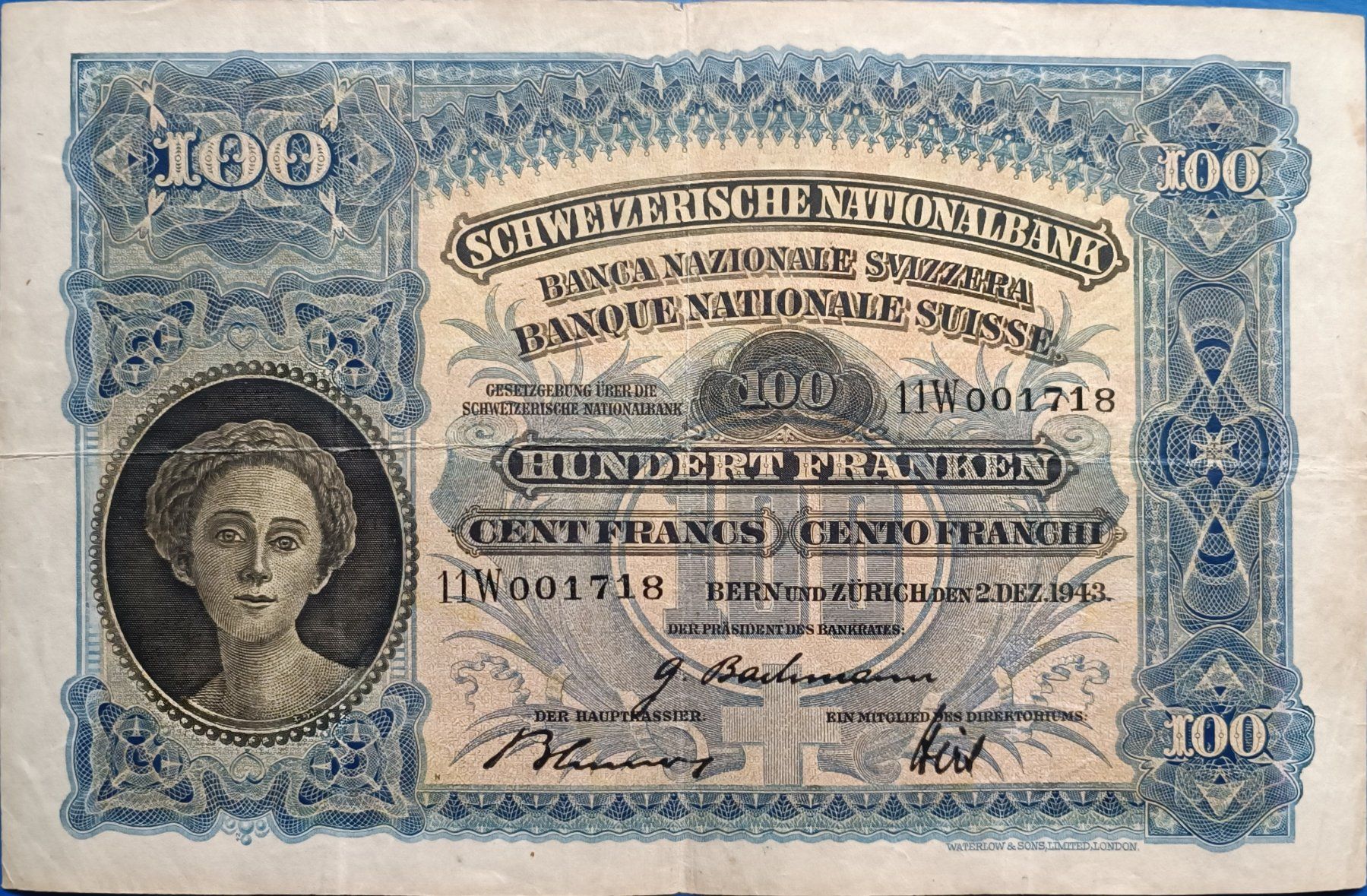 Banknoten: ALTE schöne 100 Fr.- Schweizer Note 2.Dez.1943 TYP Mäher – Gebraucht aus Glis von MYS-Wallis2020 4
