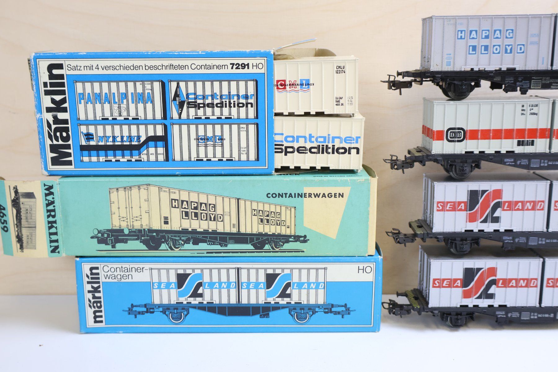 Märklin Modellini di ferrovie: Märklin 4 x Containerwagen H0 + extra Container Set 7291 – Usato da Winterthur venduto da Monstera 5