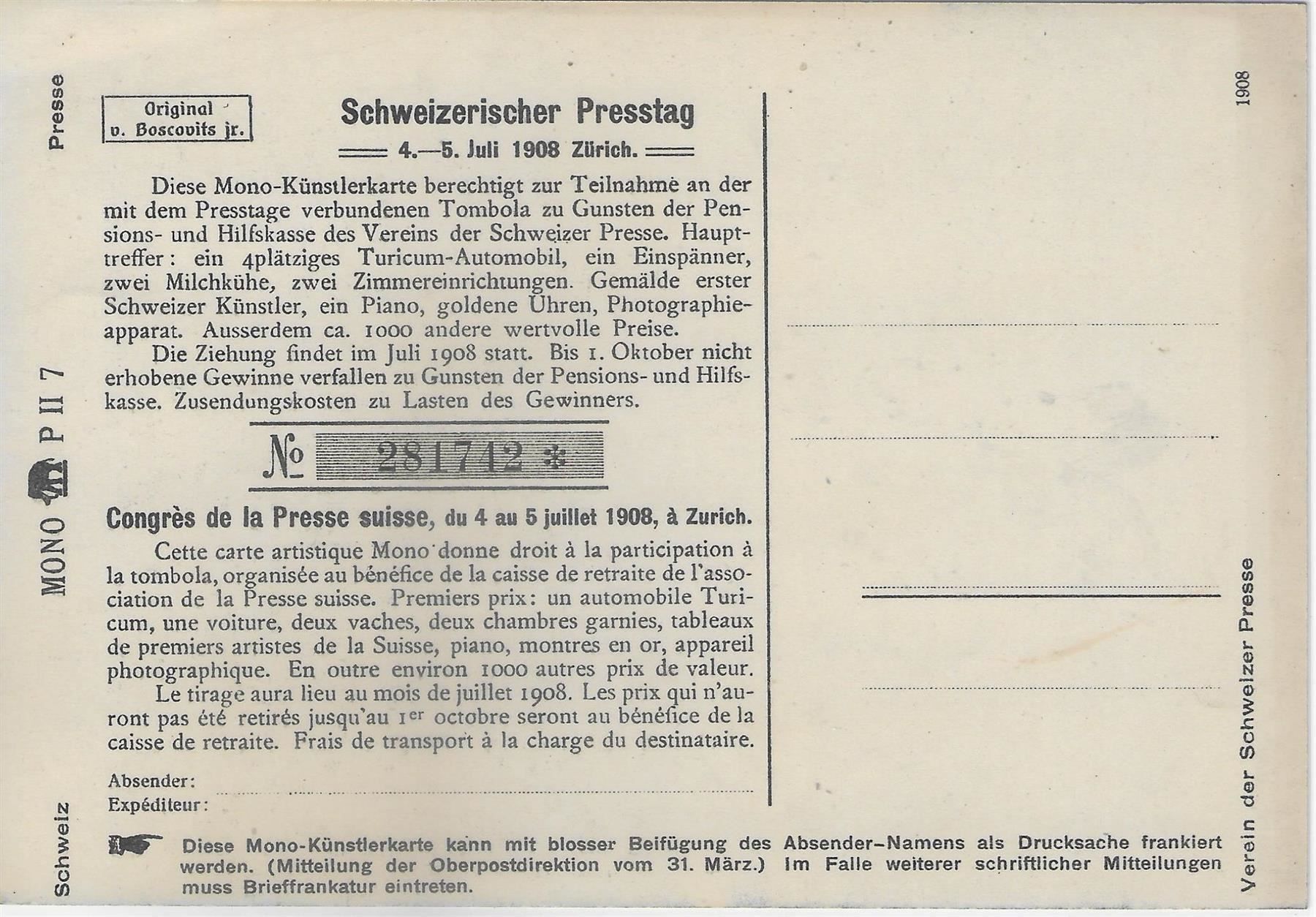 Cartoline postali: Carte Mono - Schweizerischer Presstag – Usato da Ettingen venduto da Kartenplanet 1