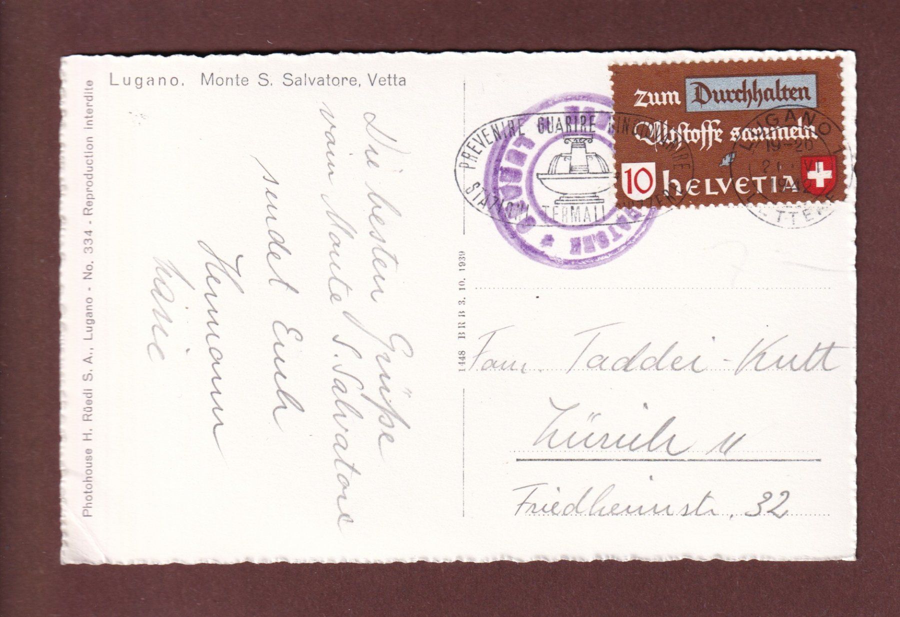 Ansichtskarten: LUGANO - San Salvatore - 1942 – Gebraucht aus Pully von nicecards 1