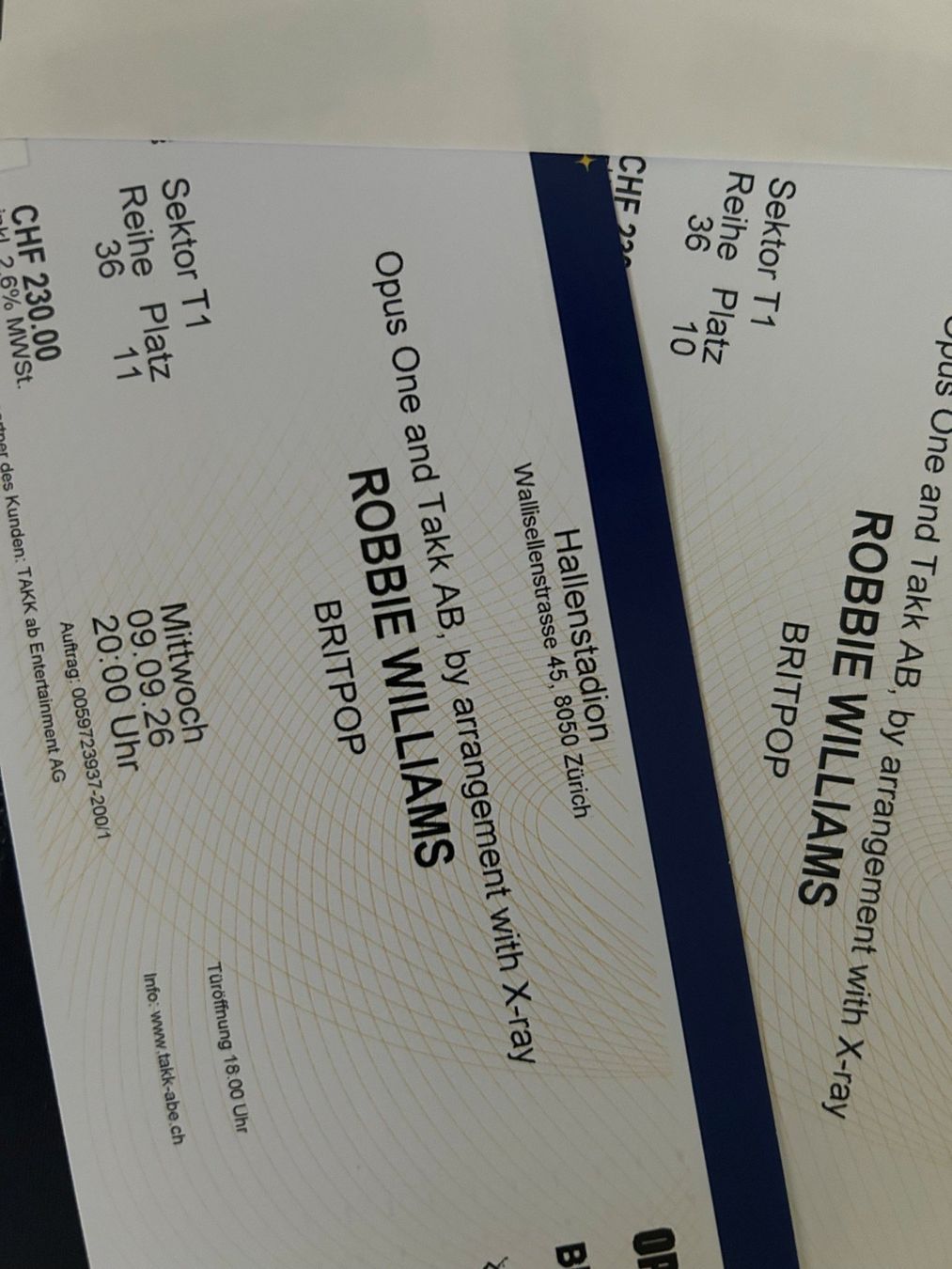 Tickets: Robbie Williams - Konzerttickets – Neu und originalverpackt aus Bolligen von HaWi3065