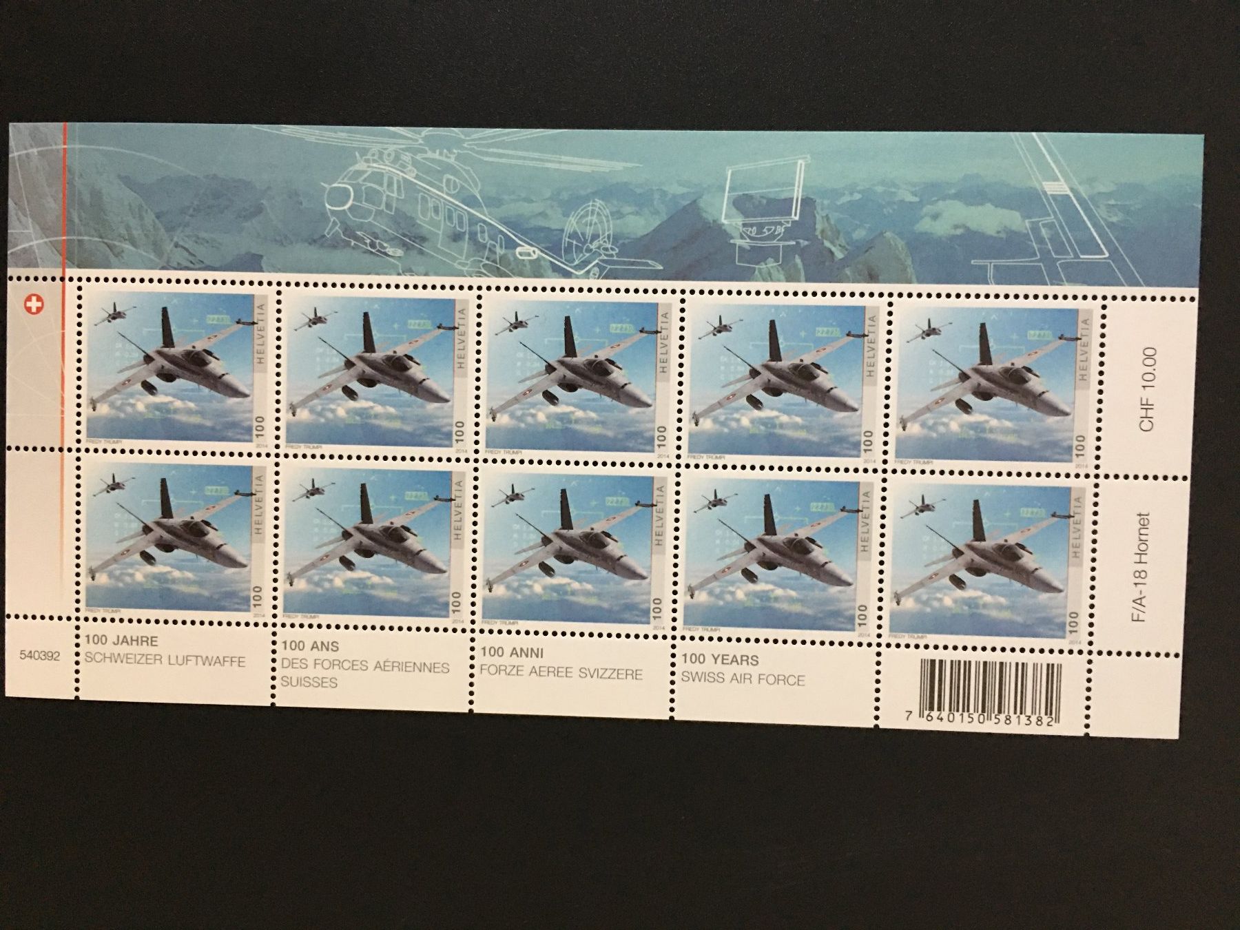 Tutti i francobolli: Kleinbogen ** 2014 Schweizer Luftwaffe F/A-18 Hornet  PF – Nuovo (secondo la descrizione) da Niederrohrdorf venduto da leni29