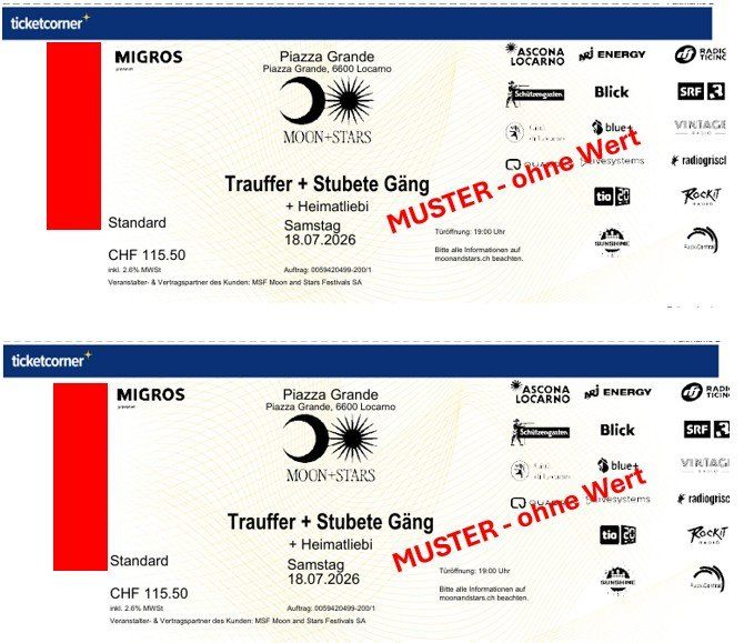 Biglietti: 2 Stk. MOON+STARS Ticket 18. Juli 2026 – Nuovo e nell'imballaggio originale da Immensee venduto da stocki76