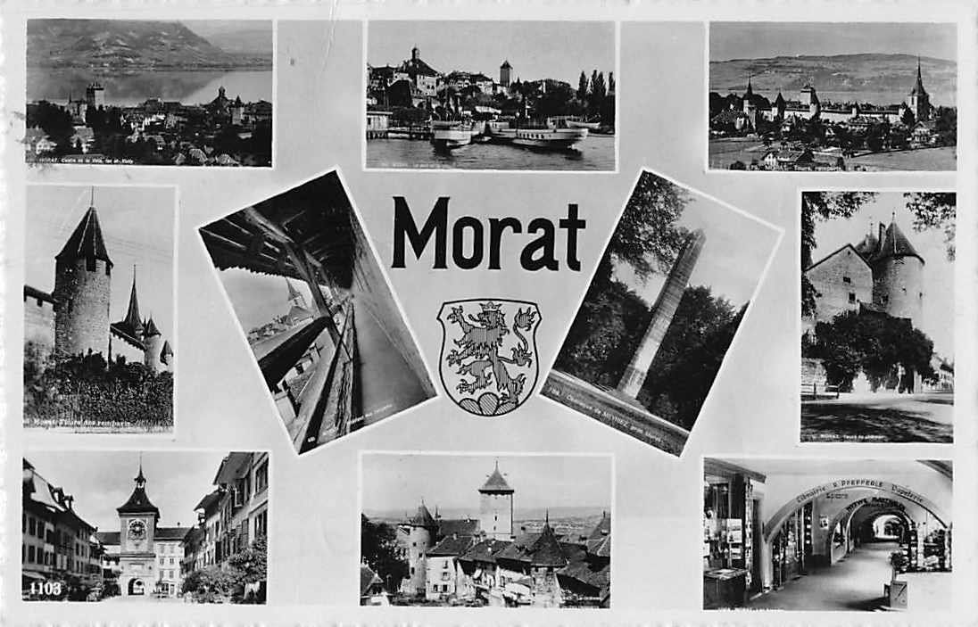 Cartoline postali: SOUVENIR de MORAT - 10-Bild-Karte 1945 – Usato da Winterthur venduto da SchatzchischtliWinti
