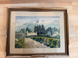 Alpenlandschaft Aquarell, schöner alter Rahmen, 54x69 cm