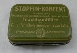 Antike Stopfin Konfekt Blechdose grün gebrauchter Zustand