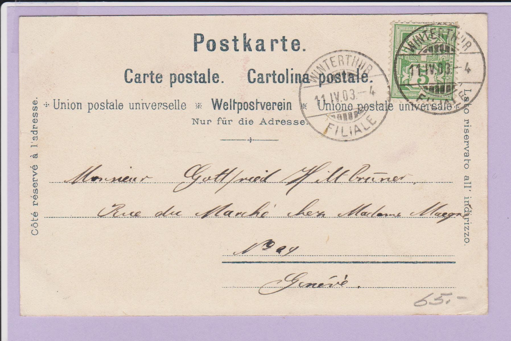 Ansichtskarten: Winterthur   -   alte Litho gest. 1903 – Gebraucht aus Vitznau von Ropaku 1