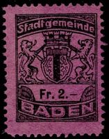 2 Fr. Fiskalmarke von der Gemeinde BADEN