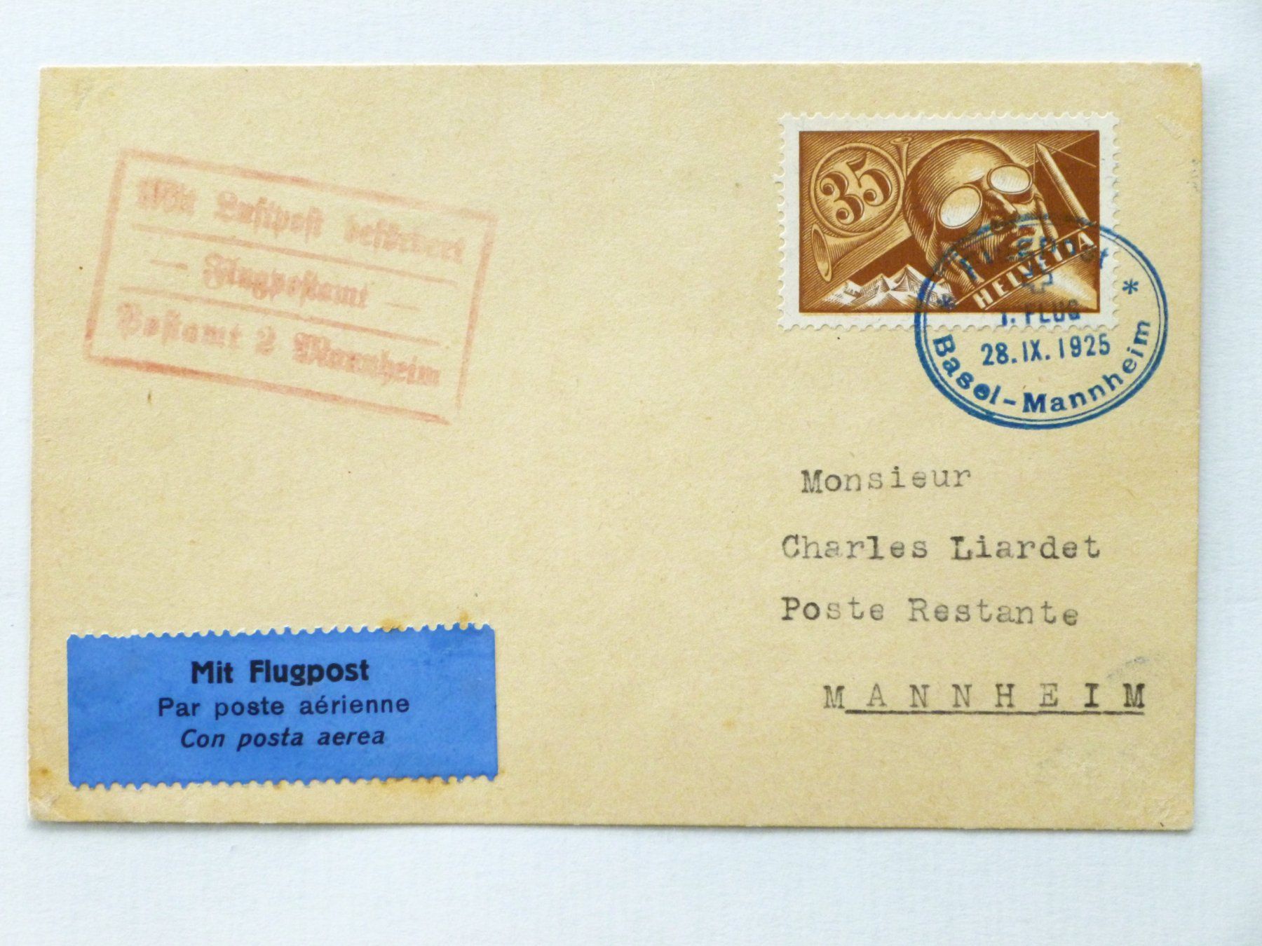 Tutti i francobolli: Flugkarte 1.Flug BASEL - MANNHEIM 28.IX.1925, SSt. – Usato da Uster venduto da schepus23