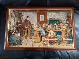 Antike Wandbild Gobelin "Die Dorfschule" im Holzrahmen!Anker