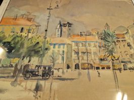 Gemälde Stadtansicht Aquarell, Monogrammiert