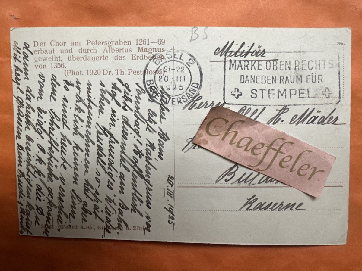 Cartoline postali: 1925 Chor der Predigerkirche in Basel Militärpost – Usato da Zürich venduto da Chaeffeler 1