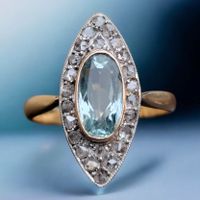 Antiker Navette Aquamarin Diamant Bicolor 18ct 750 Gold Ring