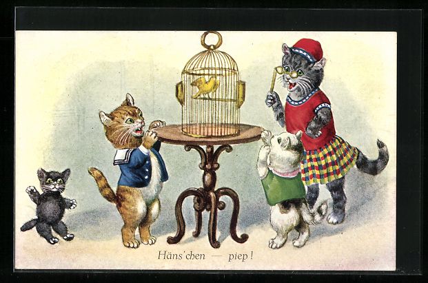 Cartoline postali: Drei vermenschlichte Katzen an einem Vog – Usato da Berlin venduto da bartko-reher